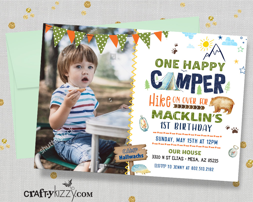 One Happy Camper Birthday Invitation - Camping First Birthday Invitation - Bear Birthday Party - Outdoor Woodland Invite - Personalized