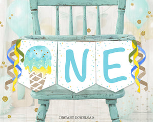 Ice Cream High Chair Banner - One Birthday Flags Boy - Blue Mint Printable First Birthday Bunting Banner - Ice Cream Party - INSTANT DOWNLOAD