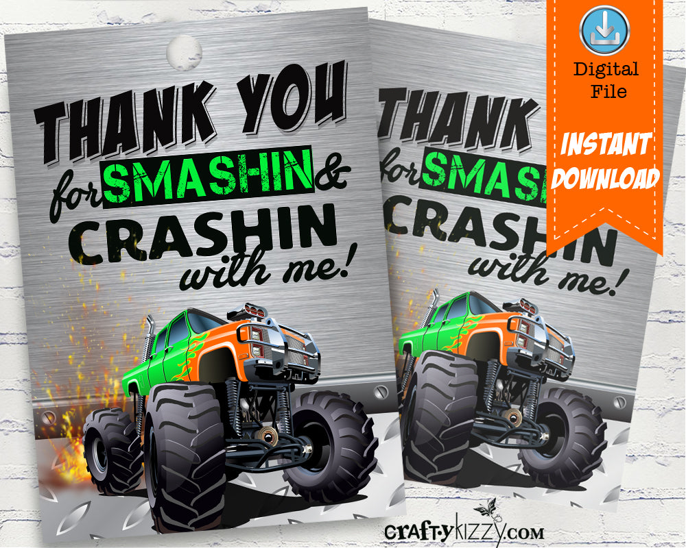 Monster Truck Thank You Tags - Orange and Green Monster Truck Party Favor Gift Tags - INSTANT DOWNLOAD - CraftyKizzy