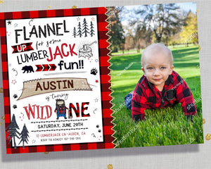 Red Lumberjack First Birthday Invitation Red Plaid Bear Invitations - Boy 1st Birthday Wild One - Flannel Invitation - CraftyKizzy