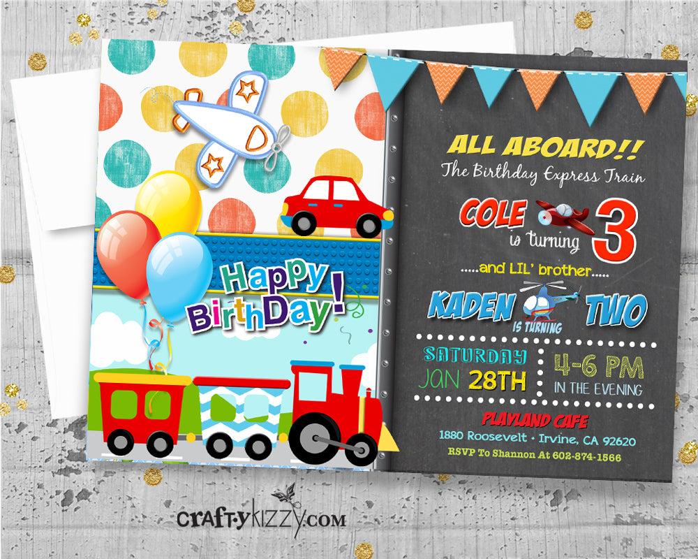 Joint Planes Trains and Automobiles Birthday Invitation - First Birthday Transportation Invitations - Twins Vehicle Invitation - CraftyKizzy