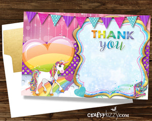 Rainbows and Unicorns Printable THANK You Card - Unicorns - Girl's Birthday Thank You Cards - INSTANT DOWNLOAD - CraftyKizzy