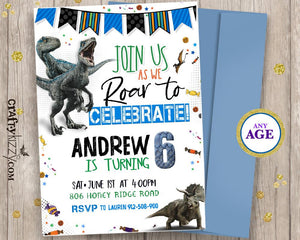 Dinosaur Birthday Invitations - Let's Roar Prehistoric Raptor Invitation - Triceratops