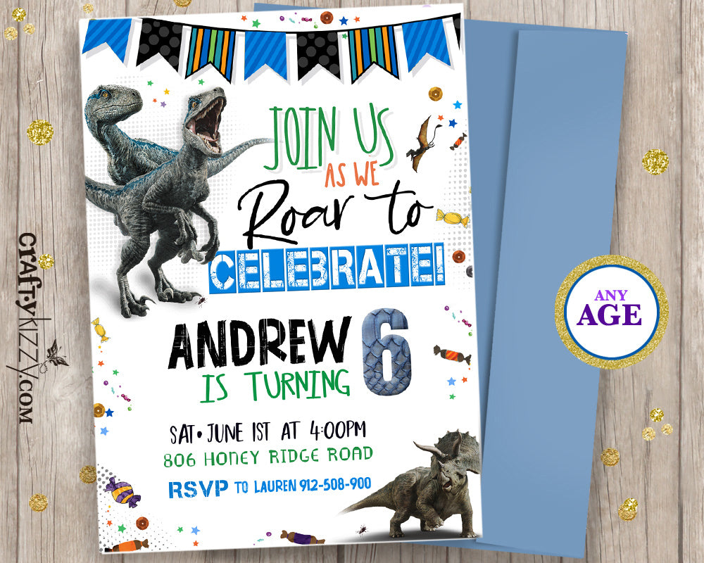 Raptor Dinosaur Birthday Invitations - Let's Roar Prehistoric Invitation - Triceratops Party - CraftyKizzy