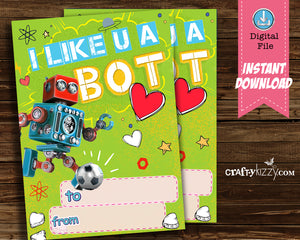 Soccer Valentines Day Cards for Kids - Cute Robot Child Valentine Exchange Cards I Like You A BOT! - INSTANT DOWNLOAD - CraftyKizzy