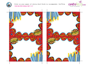 Superhero Birthday Food Tents - DIY Comic Book Table Tent - Printable Place Cards - Buffet Card - INSTANT DOWNLOAD - CraftyKizzy