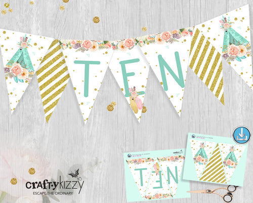 Boho Teepee Happy Birthday Pennant Banner - Tenth Birthday Printable Triangle Bunting Flag Banner - Party Flags P0006 - INSTANT DOWNLOAD - CraftyKizzy