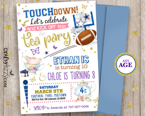 Joint Birthday Football Tea Party Invitation Touchdown Sibling Boy Girl Invitations - TwinsPrintable - CraftyKizzy