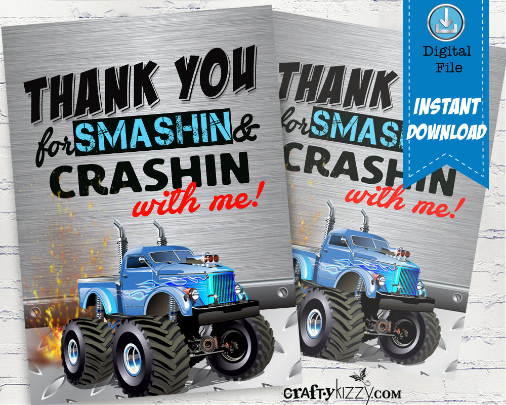 Blue Monster Truck Thank You Tags - Red Transportation Party Thank you Goodie Bag Tags - INSTANT DOWNLOAD - CraftyKizzy