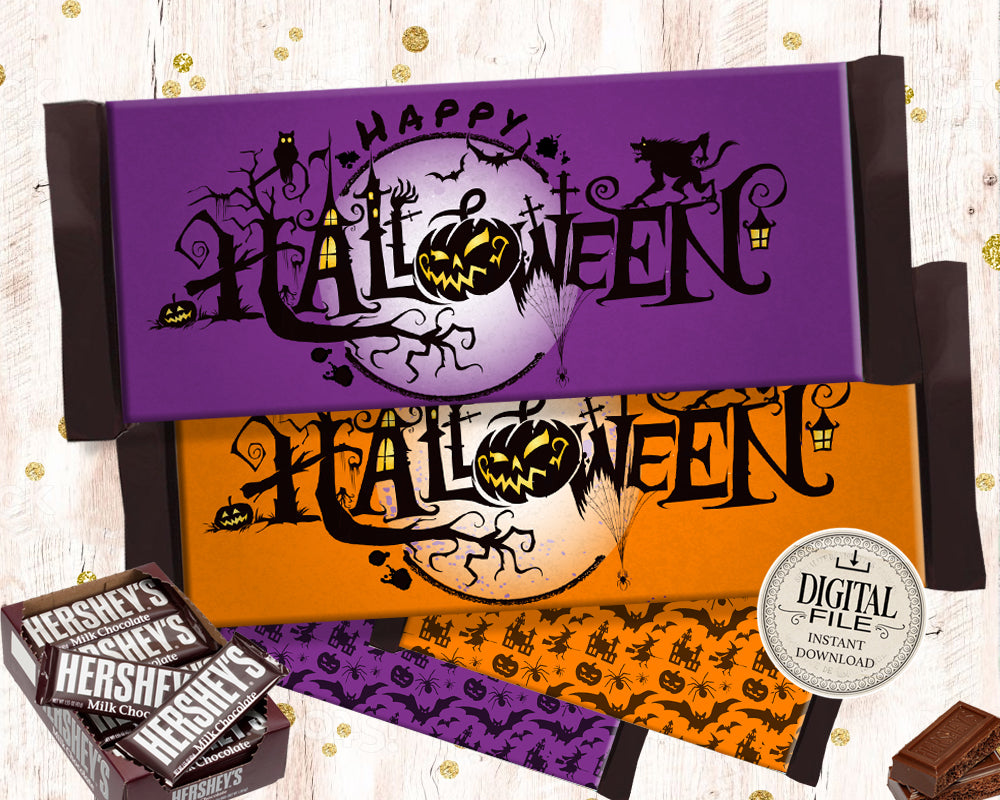 Happy Halloween Chocolate Bar Wrapper - Printable Jack o'Lantern Candy Bar Favors - Block Party Hershey's Bar Wrappers - INSTANT DOWNLOAD