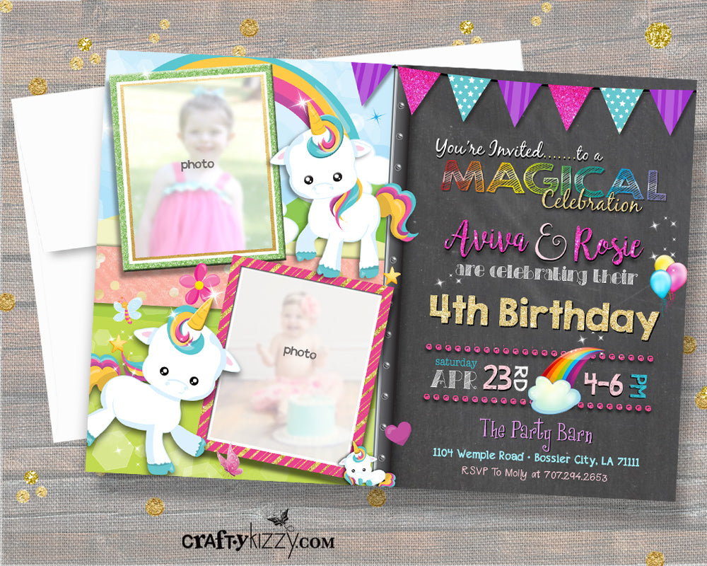 Girl Joint Unicorn Birthday Invitation - Twin Girls Unicorn & Rainbows Party Invitations - Cute Printable Twins Invites - CraftyKizzy