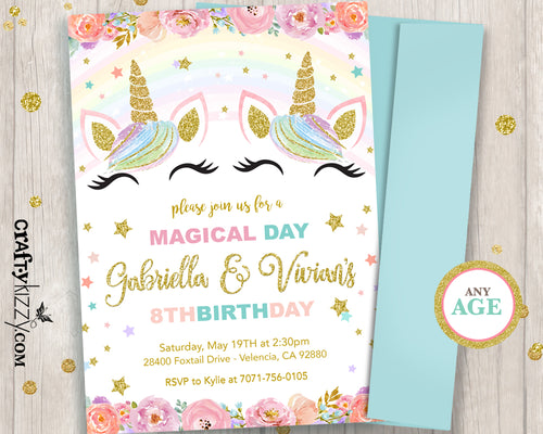 Twin Unicorn First Birthday Invitation - Twins Joint Birthday Invitations - Printable Unicorn and Rainbows - CraftyKizzy