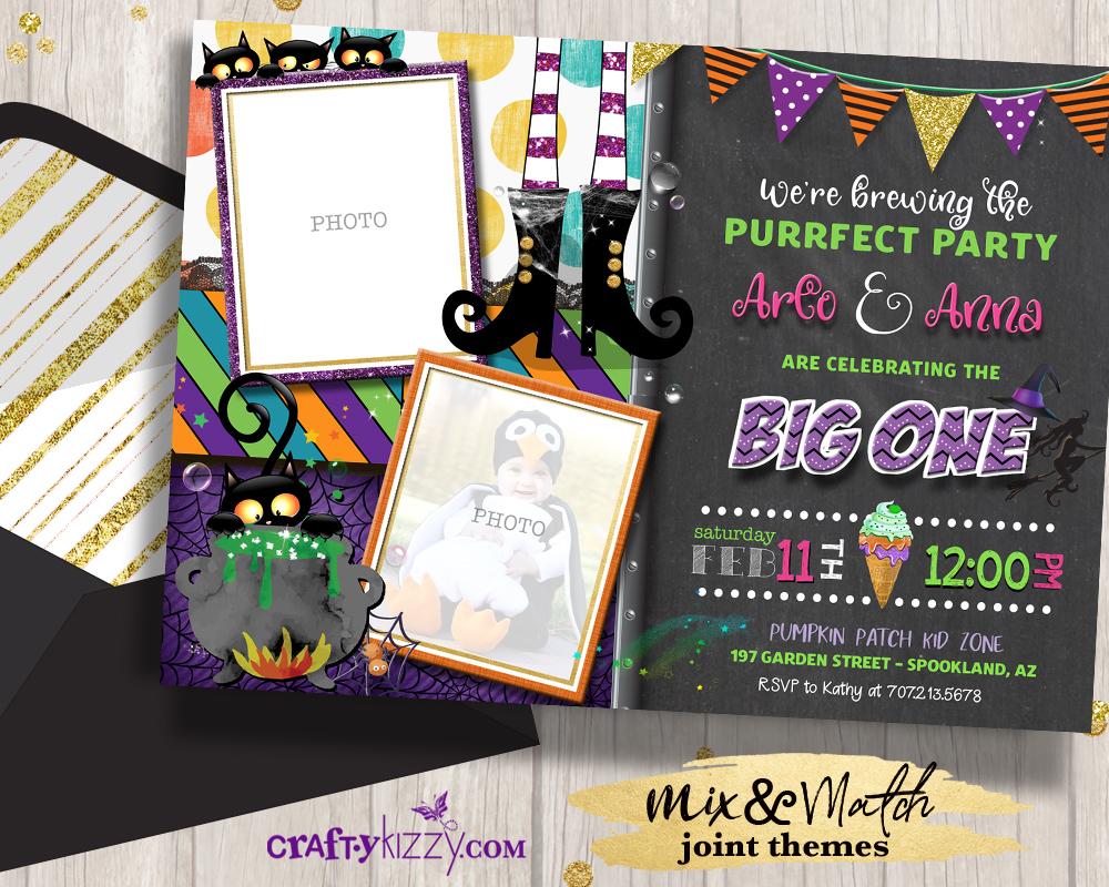 Twins First Birthday Halloween Party Invitations Twins Witches Brew Invitation Joint Birthday Party Printable - CraftyKizzy