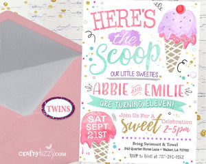 Ice Cream Birthday Invitations - Twins First Birthday - Girl Ice Cream Social Invitation - Two Scoops - Here's The Scoop - CraftyKizzy