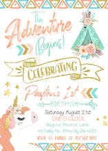 The Adventure Begins 1st Birthday Unicorn Invitation - Girl Unicorn and Rainbow Invitations - Boho Chic Printable Invitations - CraftyKizzy