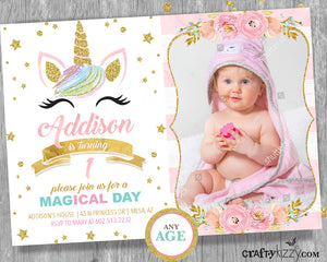 Unicorn First 1st Birthday Party Invitation Pink and Gold Unicorn Invitation - Watercolor Roses - CraftyKizzy