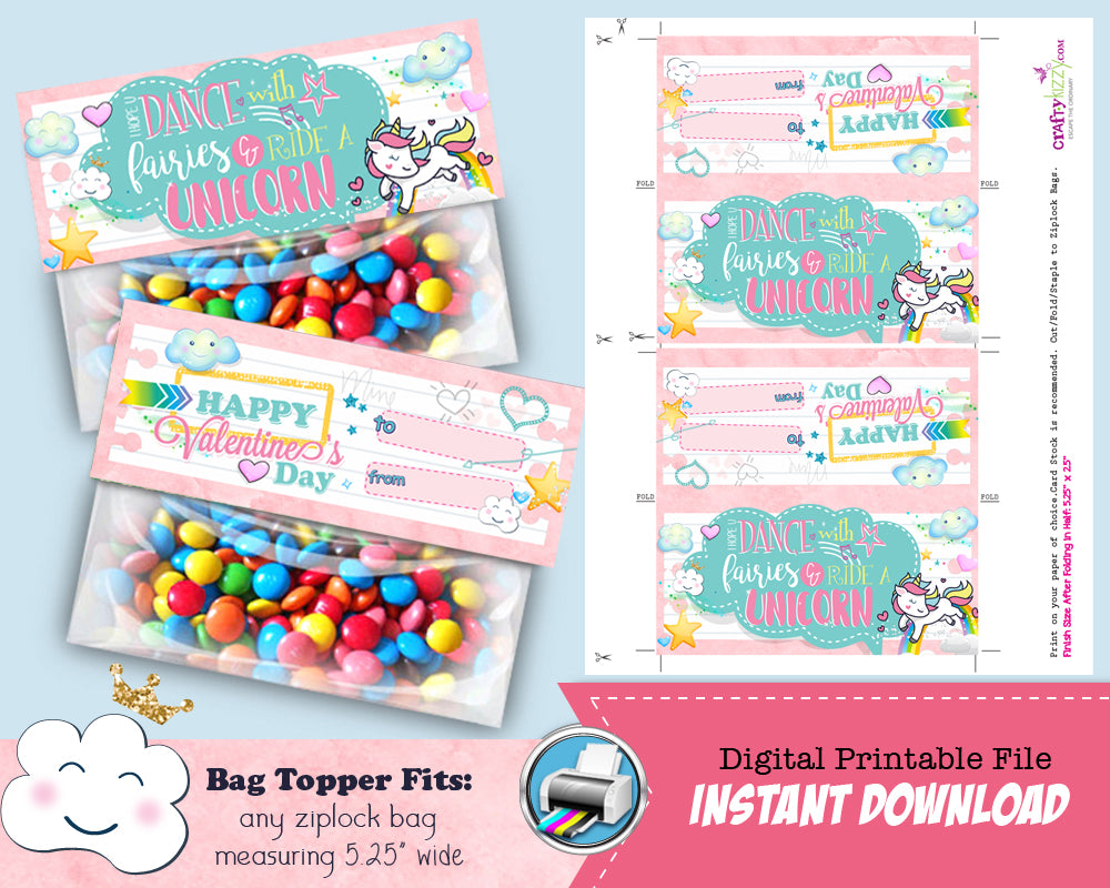 Girl Unicorn Valentines Day Treat Bags for Kids - Girl Goodie Bag Favors - Loot Bag Toppers - Printable Treat Bag Toppers - INSTANT DOWNLOAD - CraftyKizzy
