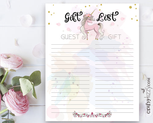 Whimsical Unicorn Baby Shower Gift List Printable - Baby Girl Gift List - INSTANT DOWNLOAD - CraftyKizzy