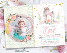 Unicorn First 1st Birthday Boho Invitation - Girl Wild One Shabby Chic Pink Gold Mint Printable - CraftyKizzy
