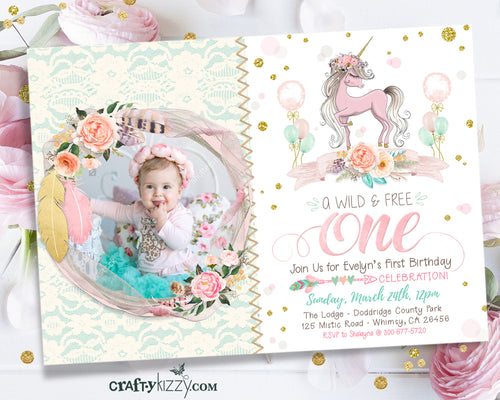 Unicorn First 1st Birthday Boho Invitation - Girl Wild One Shabby Chic Pink Gold Mint Printable - CraftyKizzy