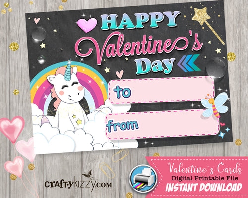 Rainbows and Unicorns Girl Happy Valentines Day Cards - Girls Valentine's Day Fill In The Blank Classroom Printable Cards - Kids Teachers - INSTANT DOWNLOAD - CraftyKizzy