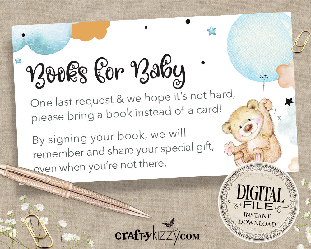 Teddy Bear Books for Baby Card - Watercolor Baby Bear Book Insert Cards Boy - Animal Bring a Book Request Inserts - INSTANT DOWNLOAD