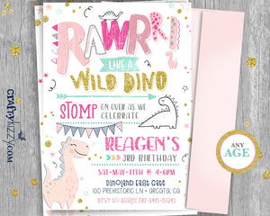 Girl Modern Dinosaur Birthday Invitation - Wild Dino First Birthday - Stop Chomp and Roar Party Invitations - CraftyKizzy