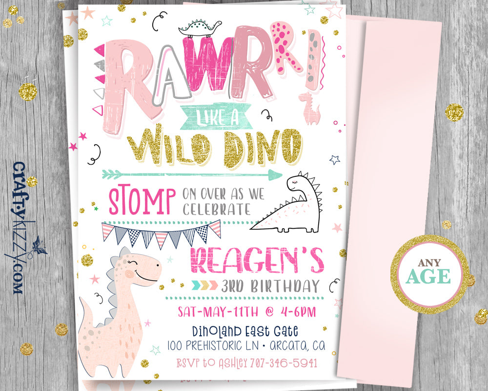 Girl Modern Dinosaur Birthday Invitation - Wild Dino First Birthday - Stop Chomp and Roar Party Invitations - CraftyKizzy