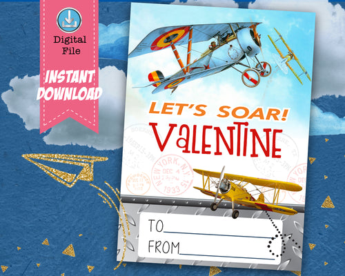 Airplane Boy Valentines Day Card Boys Airplanes Let's Soar Valentine School Classroom Cards - DIY Valentine's INSTANT DOWNLOAD - CraftyKizzy