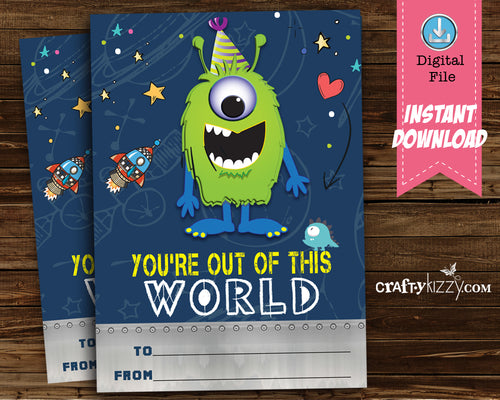 Boy Valentines Day Cards for Kids - Boys Monster Valentine Exchange Cards You're Out of this World - INSTANT DOWNLOAD - CraftyKizzy