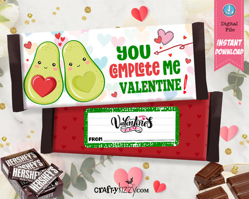 Avocado Valentine's Day Candy Bar Wrapper - Hershey's Chocolate Bar Wrapper - Fruit Valentines Day Party Favors - Classroom Card - INSTANT DOWNLOAD