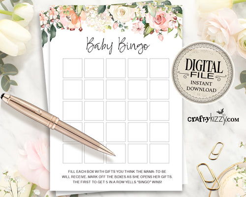 Floral Baby Shower Bingo Cards - In Full Bloom Baby Shower Games - Spring Bingo Game  – Roses Bingo Card - INSTANT DOWNLOAD