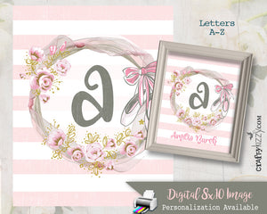 Ballet Watercolor Nursery Monogram Art Baby Girl Initial Monogram - Printable Letter Wall Art Decor - Ballet Slippers - Personalized Option