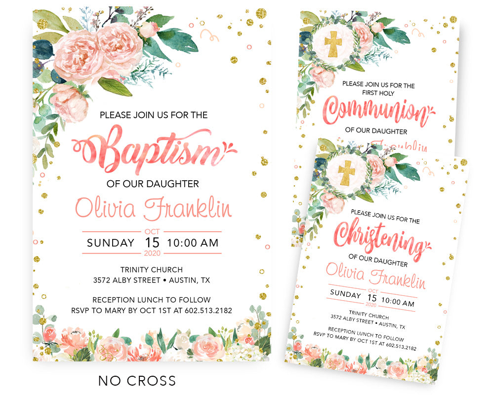 Floral Baptism Invitations - Girl Christening Invitation - First 1st Holly Communion - Naming Day - Dedication - LDS JW Baptism