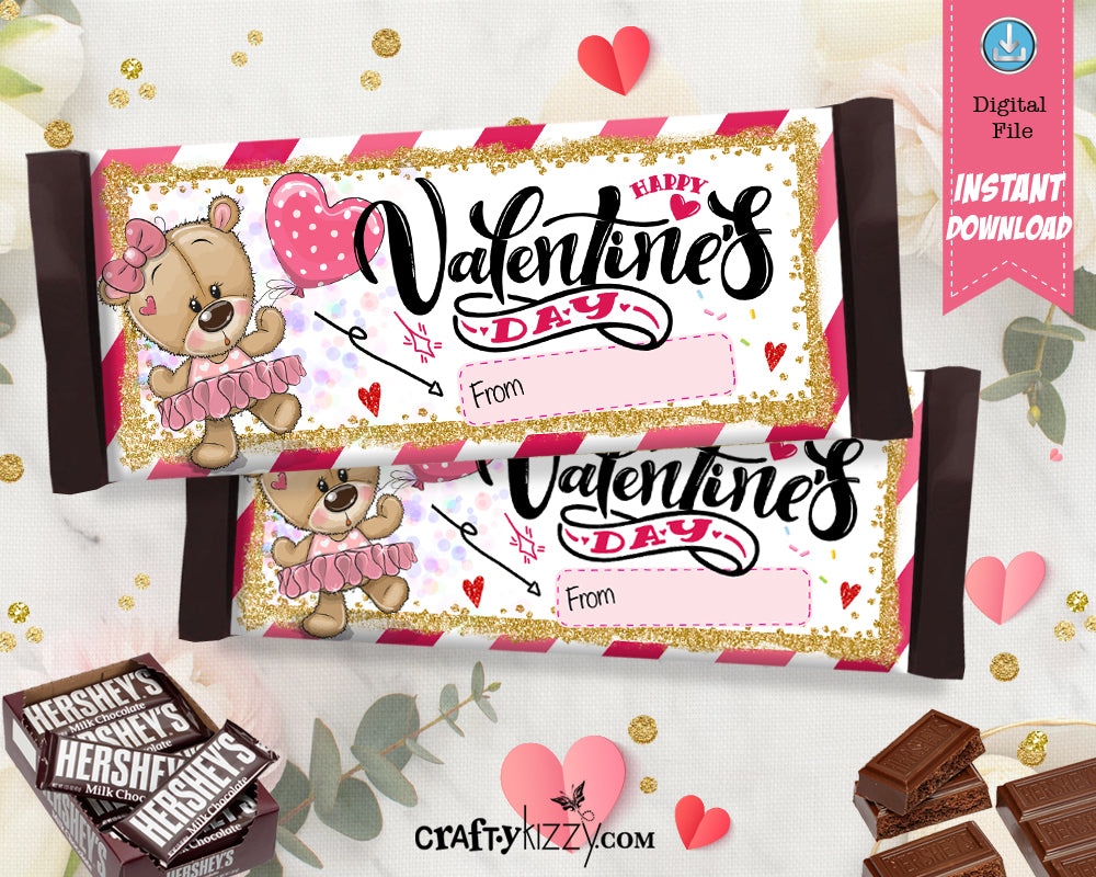 Valentine's Day Candy Bar Wrapper - Teddy Bear Hershey's Chocolate Bar Wrapper - Bear Valentines Day Party Favors - Classroom Card - INSTANT DOWNLOAD