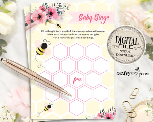 Bumble Bee Baby Shower Bingo Cards - Pink Baby Shower Games - Mother To-Bee Activity – Honeycomb Bingo Card - INSTANT DOWNLOAD