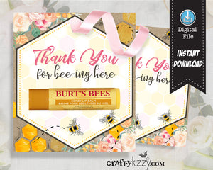 Bee Chapstick Thank You Favor Card - Mommy To Be Baby Shower Floral Favors - Bridal Shower Chapstick Tags - Personalized