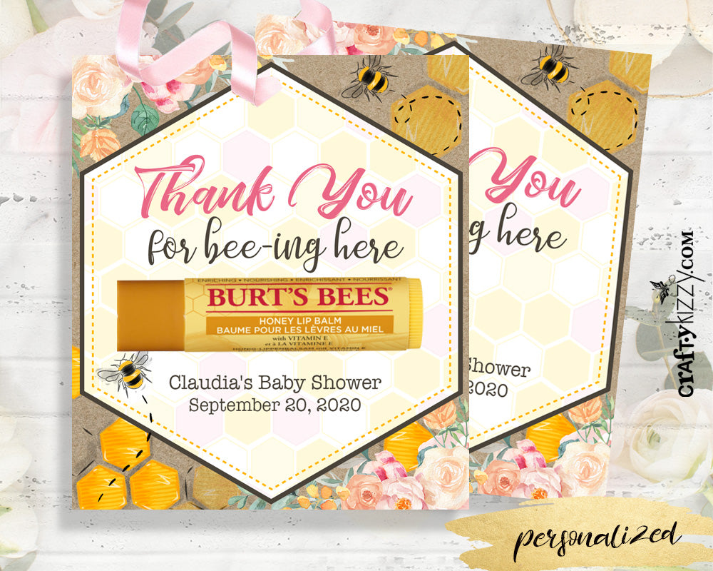 Bee Chapstick Thank You Favor Card - Mommy To Be Baby Shower Floral Favors - Bridal Shower Chapstick Tags - Personalized
