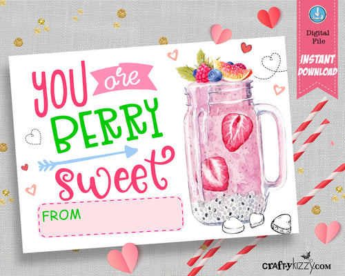 Berry Sweet Valentine's Day Cards - Strawberry Valentine Pun School Exchange Cards - INSTANT DOWNLOAD - CraftyKizzy