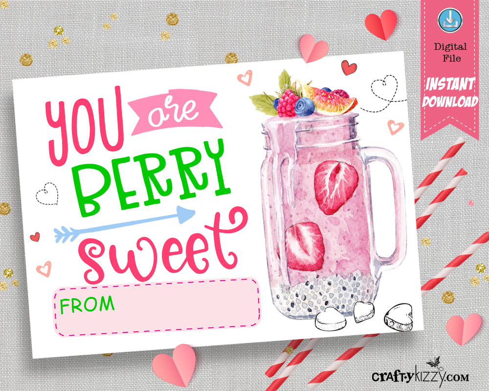 Berry Sweet Valentine's Day Cards - Strawberry Valentine Pun School Exchange Cards - INSTANT DOWNLOAD - CraftyKizzy