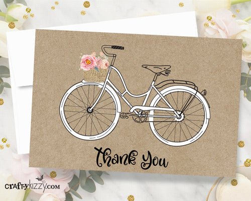 Bicycle Thank You Card - Printable Floral Thank You Cards - Beach Cruiser - INSTANT DOWNLOAD