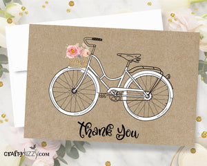 Bicycle Thank You Card - Printable Floral Thank You Cards - Beach Cruiser - INSTANT DOWNLOAD