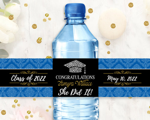 Graduation Water Bottle Wrapper - Congratulations Grad Party Favors - She Did It! Black Red Blue Gold Labels - Personalized