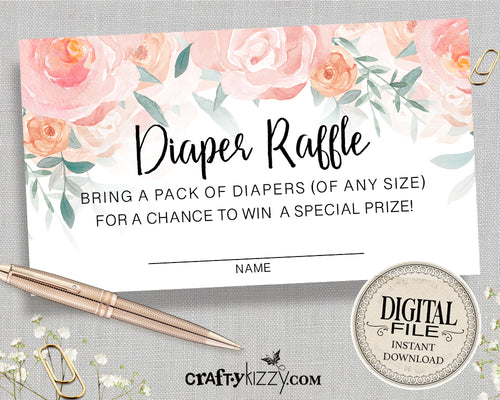 Baby Shower Diaper Raffle Ticket Roses - Baby Shower Diaper Raffle Game - Peach Roses - Diaper Raffle Insert - INSTANT DOWNLOAD