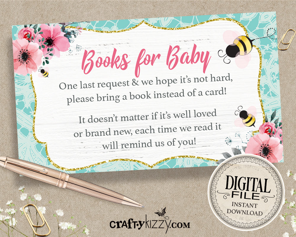 Bumble Bee Books For Baby Insert - Girl Baby Shower Book Request - Babies Library Insert  INSTANT DOWNLOAD