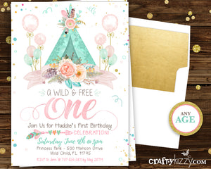 Boho First 1st Birthday Invitation - Girl Wild One - Wild Three Watercolor Teepee Shabby Chic Pink Gold Mint Printable Invitations - CraftyKizzy