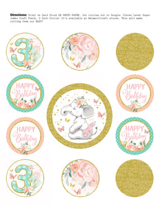 Elephant Pink and Gold THIRD Birthday Cupcake Toppers - Floral Ballet Cupcake Toppers - Printable Party Labels - INSTANT DOWNLOAD - CraftyKizzy