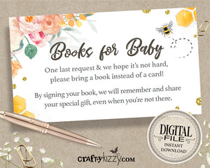 Floral Books For Baby Bee Card - Girl Baby Shower Book Request Insert - Bumble Bee Card - INSTANT DOWNLOAD - CraftyKizzy