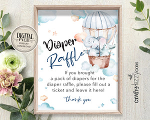 Boy Baby Shower Diaper Raffle Sign - Mommy To Be Game Sign - Elephant Diaper Game Printable Table Signs - INSTANT DOWNLOAD