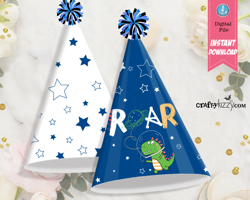 Dinosaur First Birthday Party Hat - Printable Dino Party Favors - Space Party Hats - Galaxy Party Hats - INSTANT DOWNLOAD